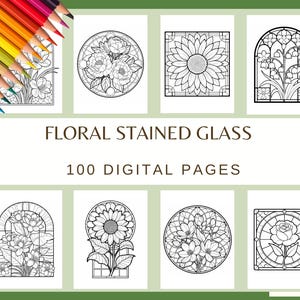 Floral Stained Glass Coloring Pages: 100 JPG FILES A4 size Printable Activity Sheets, Garden Flowers (Commercial Use, Digital Download)