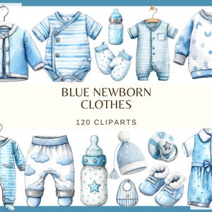 Blue Newborn Clothes Clipart: 120 PNG, 300 DPI | Baby Boy Clothes | Blue Baby Shower Clipart | Cute Infant Outfit (Commercial Use, Digital) image 1