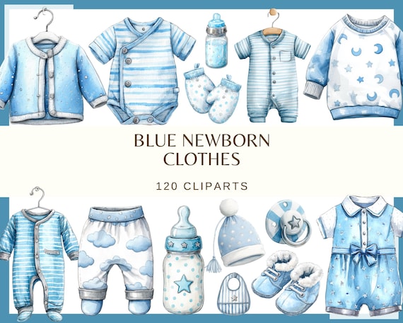 Blue Newborn Clothes Clipart: 120 PNG, 300 DPI | Baby Boy Clothes | Blue Baby Shower Clipart | Cute Infant Outfit (Commercial Use, Digital)