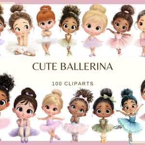 Peut inclure: Illustration numérique de 10 cliparts de jolies ballerines. Chaque ballerine est représentée avec une coiffure et un tutu uniques dans différentes couleurs pastel, dont le rose, le bleu et le vert. Le texte "CUTE BALLERINA" et "100 CLIPARTS" sont affichés.