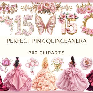 Watercolor Pink Quinceañera Clipart: 300 DIY Invitation Elements (Digital Download)