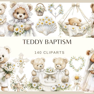 Może przedstawiać: Ilustracje akwarelowe przedstawiające misie w strojach do chrztu, trzymające kwiaty i otoczone aranżacjami kwiatowymi. Obraz zawiera tekst "TEDDY BAPTISM" i "140 CLIPARTS".