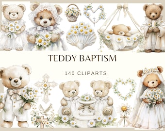 Teddy Bear Baptism: 140 PNG, 300 DPI Rosary, Dove, Cross (Commercial Use, Digital Download)
