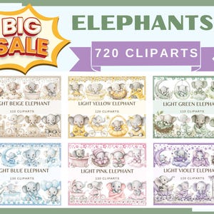 BIG PACK ELEPHANTS - 720 watercolor clip arts (Png, 300 dpi, commercial use, Baby shower, Nursery Decor, Birthday Party flower, seamless)