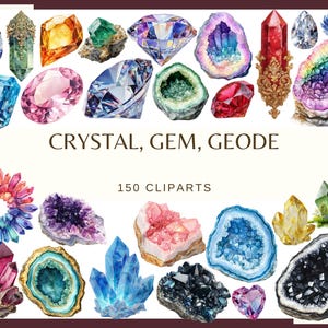 Puede incluir: Una colección de cristales, gemas y geodas coloridas. La imagen presenta varias formas y tamaños, incluyendo una lágrima azul, un corazón rosa y una geoda púrpura. El texto dice "CRYSTAL, GEM, GEODE" y "150 CLIPARTS".