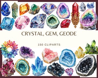 May include: A collection of colorful crystals, gems, and geodes. The image features various shapes and sizes, including a blue teardrop, a pink heart, and a purple geode. Text reads "CRYSTAL, GEM, GEODE" and "150 CLIPARTS".