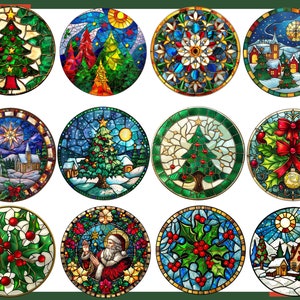 May include: Twelve round stained glass baubles with Christmas themes. The baubles feature images of Christmas trees, snowmen, stars, and other festive symbols. The baubles are all in a variety of colours, including red, green, blue, and gold.