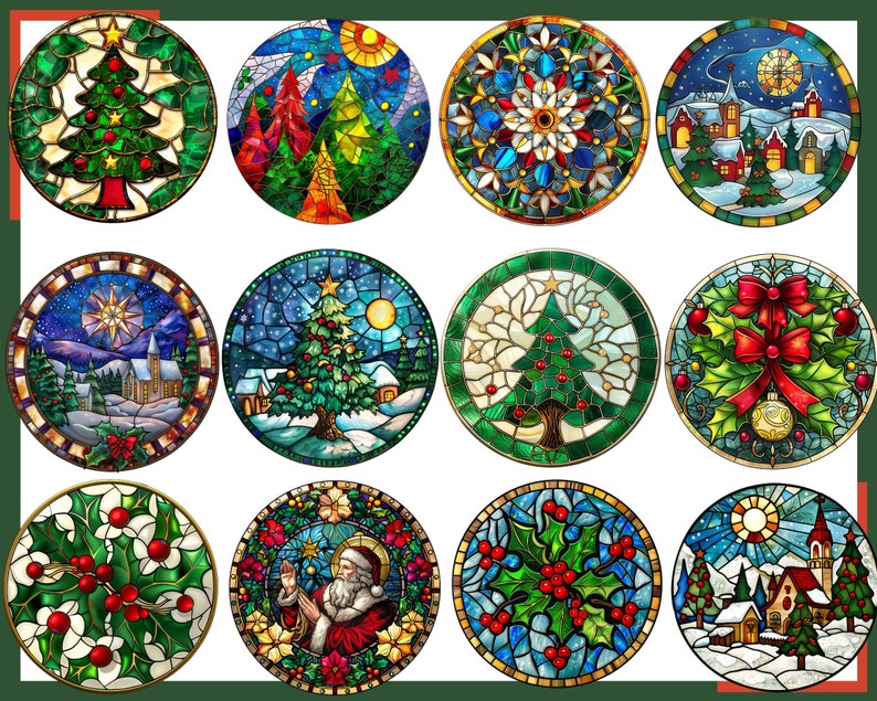 May include: Twelve round stained glass baubles with Christmas themes. The baubles feature images of Christmas trees, snowmen, stars, and other festive symbols. The baubles are all in a variety of colours, including red, green, blue, and gold.