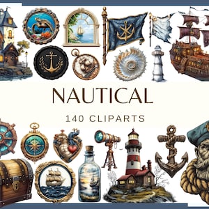 NAUTICAL - 140 clip arts (300 dpi, png, commercial use, bundle, digital, sea life, anchor sea flag treasure box ship's wheel captain)