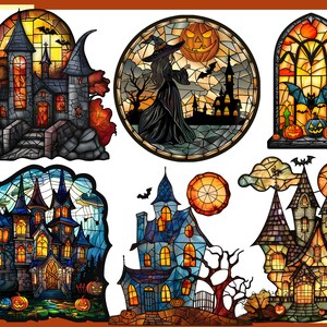 May include: Six stained glass style illustrations of Halloween themed images. The images include a witch, a haunted house, a jack-o-lantern, and bats.