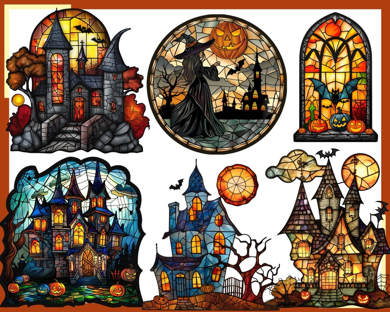 May include: Six stained glass style illustrations of Halloween themed images. The images include a witch, a haunted house, a jack-o-lantern, and bats.
