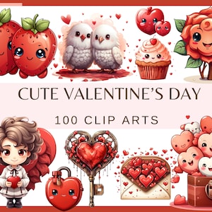 KAWAII VALENTINE'S DAY - 100 clip arts (300 dpi, Transparent background, angel, strawberry, bundle, digital, love, cute heart, rose, pigeon)