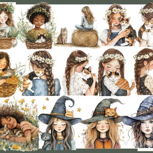 May include: Watercolor illustrations of girls with cats. The girls are depicted with floral crowns and holding or interacting with cats. Some illustrations show the girls in a field of flowers, while others show them with witch hats.