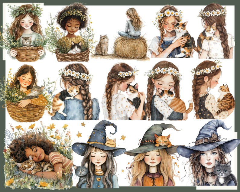 May include: Watercolor illustrations of girls with cats. The girls are depicted with floral crowns and holding or interacting with cats. Some illustrations show the girls in a field of flowers, while others show them with witch hats.