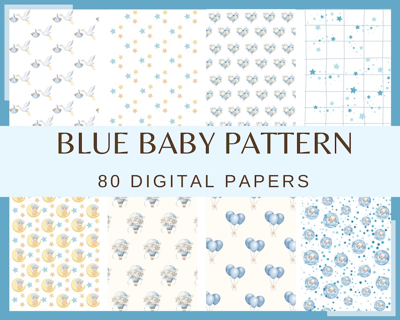 Baby Blue Digital Paper: 80 Seamless Nursery Patterns (300 dpi) image 1