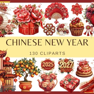 NOUVEL AN CHINOIS - 130 images clipart (300 dpi, décoration de Noël, 2025, 2026, 2027, 2028, numérique, png, carte postale, lanterne, noeud, dragon, animal)