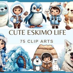 Clipart famille ESKIMO Kawaii mignon - 75 clip-arts aquarelles (fond transparent, 300 dpi, usage commercial, personnes pôle animaux de l'Arctique png)