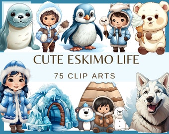 Clipart famille ESKIMO Kawaii mignon - 75 clip-arts aquarelles (fond transparent, 300 dpi, usage commercial, personnes pôle animaux de l'Arctique png)