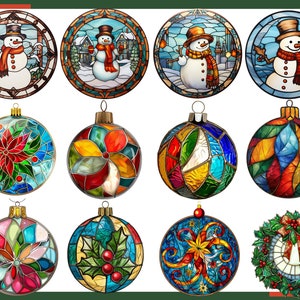 May include: Twelve round Christmas baubles with stained glass designs. The baubles feature a snowman, poinsettia, holly, and abstract patterns in red, blue, green, and yellow.