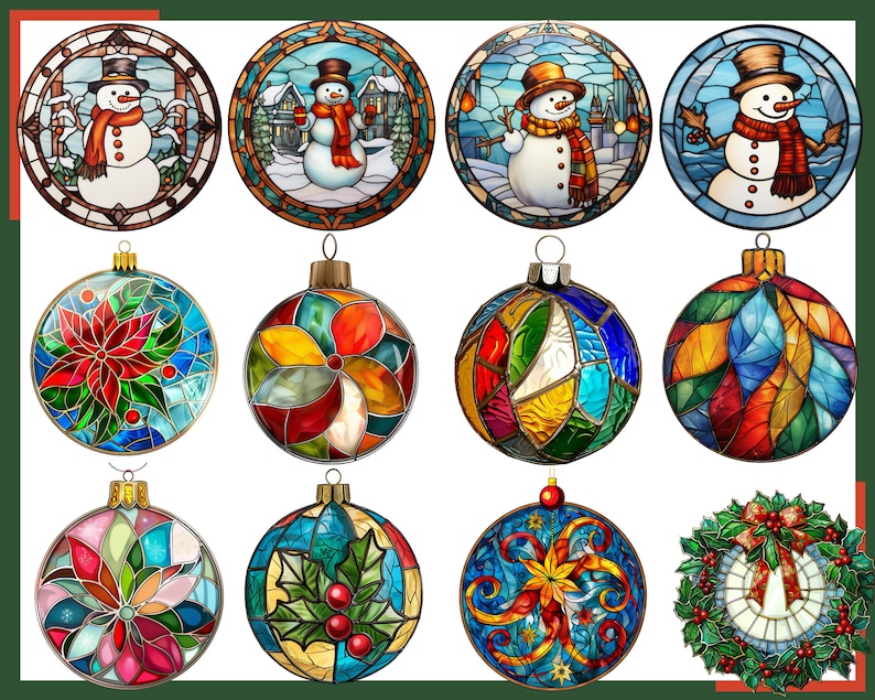 May include: Twelve round Christmas baubles with stained glass designs. The baubles feature a snowman, poinsettia, holly, and abstract patterns in red, blue, green, and yellow.