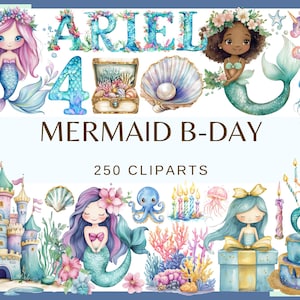 MERMAID BIRTHDAY PARTY - 250 watercolor clip arts (font, Nursery Decor, under sea life, castle, 300 dpi, commercial use, baby shower png)
