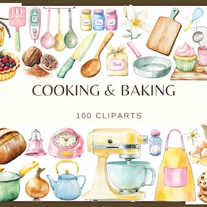 Puede incluir: Ilustración en acuarela de elementos de cocina y repostería. Incluye una variedad de utensilios de cocina, ingredientes y productos horneados. Se muestra el texto "COOKING & BAKING" y "100 CLIPARTS".