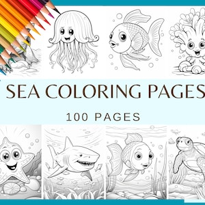 KLEURPLATEN ZEE - 100 pagina's (zeedieren, zeedieren, boot, schip, vis, octopus, zeester, jacht, zee digitaal papier, kleurboek)