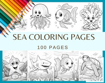 SEA COLORING PAGES - 100 pages (Sea Creatures, Sea Animals, Boat, Ship, Fish, Octopus, Star Fish, Yacht, Sea Digital Paper, Coloring Book)