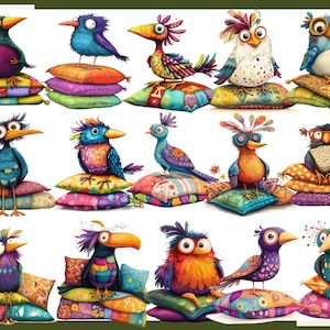 May include: A collection of colorful, whimsical birds perched on colorful, patterned pillows. Each bird has unique features, including feathers, beaks, and eyes. The birds are arranged in a row, with each bird facing forward.