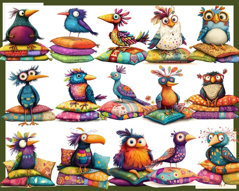 May include: A collection of colorful, whimsical birds perched on colorful, patterned pillows. Each bird has unique features, including feathers, beaks, and eyes. The birds are arranged in a row, with each bird facing forward.