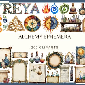 May include: Watercolor illustrations of alchemy-themed clip art. The image includes the word "FREYA" in decorative letters, along with various potion bottles, sun and moon designs, and the text "ALCHEMY EPHEMERA" and "200 CLIPARTS".