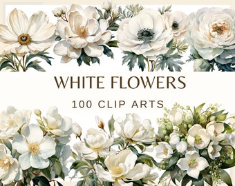 WHITE FLOWERS - 100 clip arts (300 DPI, commercial use, floral, nature, wedding flower, png, orchid, jasmine, anemone, cosmoc, daisy)