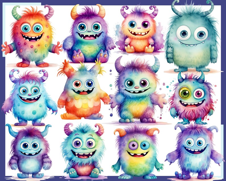 May include: A collection of 12 colorful, cartoon-style monster illustrations. Each monster has a unique design with different colors, patterns, and expressions. The monsters are drawn in a watercolor style, giving them a whimsical and playful look.