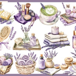 May include: Watercolor illustration of spa and self-care items. Includes lavender, essential oils, makeup, a cup of matcha, candles, towels, a hairbrush, and cookies. The color palette is soft and calming, with shades of purple, white, and green.