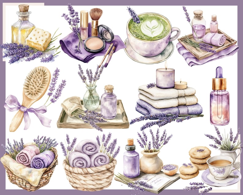 May include: Watercolor illustration of spa and self-care items. Includes lavender, essential oils, makeup, a cup of matcha, candles, towels, a hairbrush, and cookies. The color palette is soft and calming, with shades of purple, white, and green.