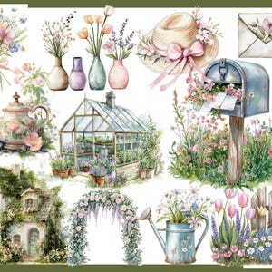 May include: Watercolor illustrations of garden-themed elements. Includes a straw hat with a pink ribbon, a blue mailbox overflowing with flowers, a greenhouse, a teapot, vases with flowers, a house, and a watering can.