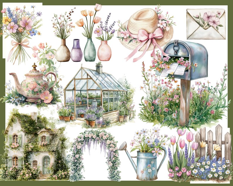May include: Watercolor illustrations of garden-themed elements. Includes a straw hat with a pink ribbon, a blue mailbox overflowing with flowers, a greenhouse, a teapot, vases with flowers, a house, and a watering can.