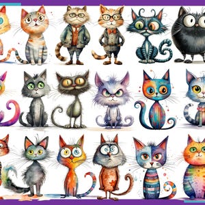 Op de afbeelding: Een verzameling van 18 kleurrijke cartoonkatten met verschillende uitdrukkingen en persoonlijkheden. Elke kat heeft unieke markeringen en patronen, waaronder strepen, vlekken en swirls. De katten zijn getekend in een grillige stijl met overdreven kenmerken.
