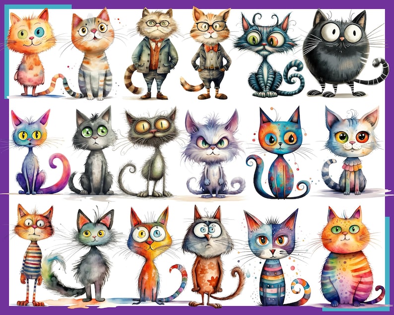 Op de afbeelding: Een verzameling van 18 kleurrijke cartoonkatten met verschillende uitdrukkingen en persoonlijkheden. Elke kat heeft unieke markeringen en patronen, waaronder strepen, vlekken en swirls. De katten zijn getekend in een grillige stijl met overdreven kenmerken.
