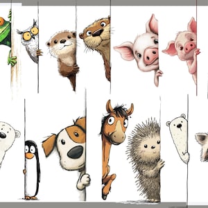 May include: A charming illustration of various cartoon animals, such as a frog, owl, and pig, peeking from behind vertical white lines. The animals are depicted with detailed features and vibrant colours, creating a playful and engaging design.