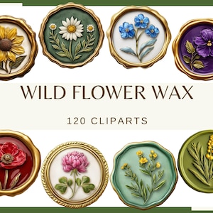 CIRE DE FLEURS SAUVAGES - 120 images clipart (300 dpi, png, sceau floral vintage | Sceaux de cire botaniques, décoration d'enveloppe, graphismes de mariage et de papeterie)
