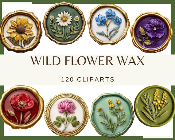 Wildflower Wax Seal Clipart: Vintage Floral PNG Graphics (Digital Download, 300dpi)