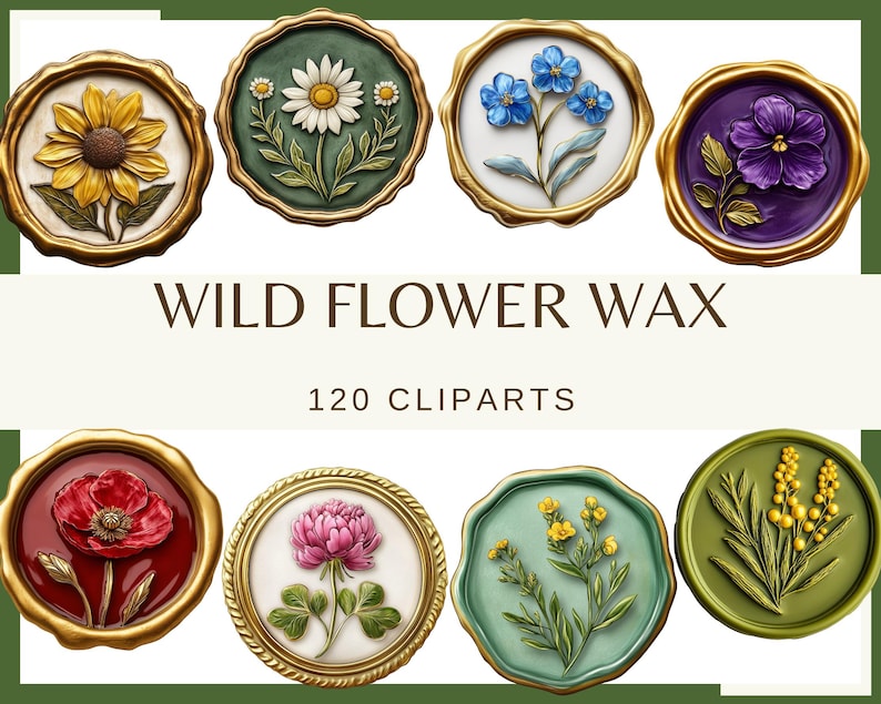Puede incluir: Ocho sellos de cera con dise&ntilde;os de flores silvestres, cada uno con un borde dorado. Los sellos presentan varias flores como un girasol, una margarita y una amapola. Tambi&eacute;n se ve el texto "WILD FLOWER WAX" y "120 CLIPARTS".