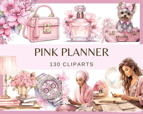 Pink Planner Clipart: Watercolor Fashion Illustrations (130 PNG, 300 DPI)