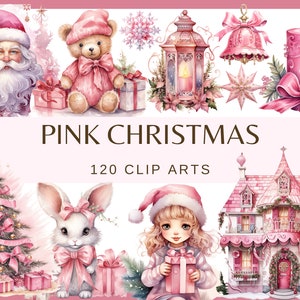 NATALE ROSA - 100 clip art (300 dpi, albero di Natale, casa, camino, arredamento, fata, pupazzo di neve di Babbo Natale, digitale, png, cartolina)