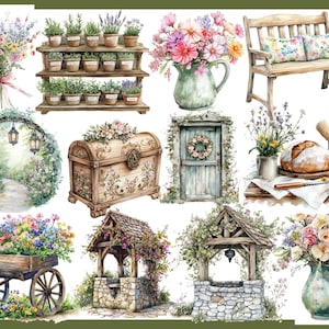 May include: Watercolor illustration featuring a variety of garden-themed elements. Includes a wooden bench with floral pillows, a tiered plant stand, a decorative chest, a well, a door with a wreath, and bouquets of flowers in vases and a cart.