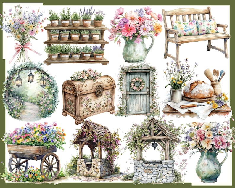 May include: Watercolor illustration featuring a variety of garden-themed elements. Includes a wooden bench with floral pillows, a tiered plant stand, a decorative chest, a well, a door with a wreath, and bouquets of flowers in vases and a cart.