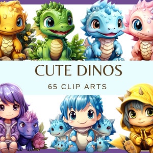 CUTE KAWAII DINOS - 65 watercolor clip arts (dinosaur, Nursery Decor, Transparent background, 300 dpi, commercial use, baby shower, png)