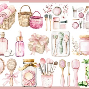 以下が含まれることがあります： 美容とセルフケア製品の水彩イラスト。画像には、バスケットに入ったピンクのタオル、メイクブラシ、スキンケアボトル、手鏡、キュウリのスライスが入った爽やかな飲み物が含まれています。
