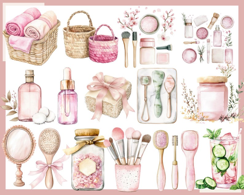 以下が含まれることがあります： 美容とセルフケア製品の水彩イラスト。画像には、バスケットに入ったピンクのタオル、メイクブラシ、スキンケアボトル、手鏡、キュウリのスライスが入った爽やかな飲み物が含まれています。